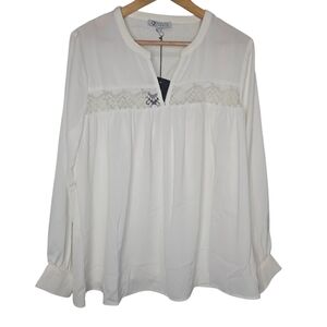 Cezele Womens White Floral Lace Sheer Panel Pink Tuck Blouse Size Large